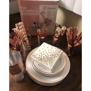 New 250 Piece Disposable Rose Gold Plastic Dinnerware Set - 50 Rose Gold Plastic